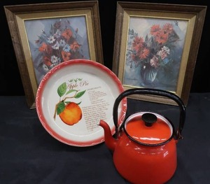 lot 246 image: RED ENAMLE TEA POT, FLUTED DEEP PIE DISH, 2 FLOWER PAINTINGS