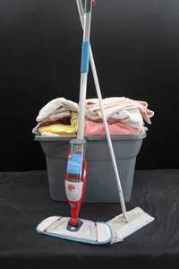 lot 249 image: BIN FULL OF SHOP TOWELS AND RAGS AND 2 MOPS