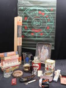 lot 251 image: VINTAGE CIGAR BOXES, TRIPOLEY IN ORIGINAL BOX, ASH TRAYS, METAL COCA COLA TRAY, AND MORE