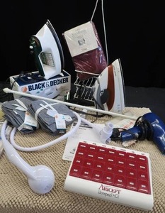 lot 259 image: 2 IRONS WITH BATH MATTS AND OTHER SUNDRIE ITEMS