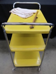 lot 270 image: VINTAGE SANDWICH MAKER  BREAD KNIFE ON VINTAGE SERVING CART
