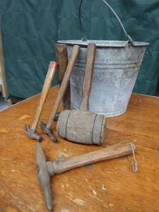 lot 319 image: GALVANIZED BUCKET FULL OF VINTAGE HAMMERS