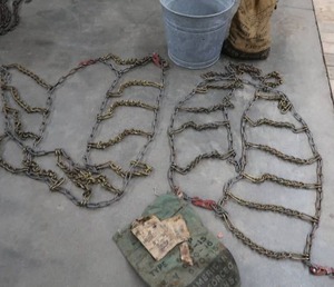 lot 327 image: TWO SETS VINTAGE TIRE CHAINS & GALVANIZED BUCKET