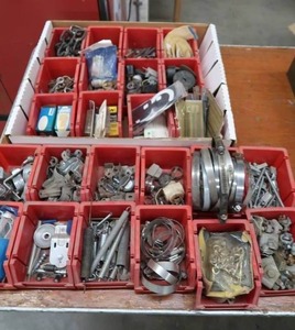 lot 340 image: 24 STACKABLE RED BINS FULL OF HARWARE