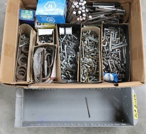 lot 343 image: LARGE BOX OF ASSORTED HARDWARE  STEEL DRAWER