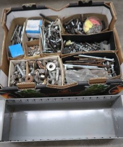 lot 341 image: LARGE BOX OF ASSORTED HARDWARE  STEEL DRAWER