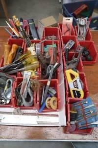 lot 342 image: 19 STACKABLE RED BINS FULL OF HARWARE