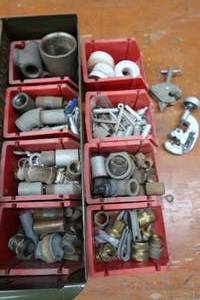lot 344 image: EIGHT RED BINS FULL OF HARDWARE  STEEL DRAWER