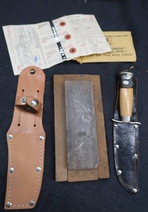 lot 113 image: VINTAGE MORA KNIFE WITH ORIGINAL SHEATH  STONE