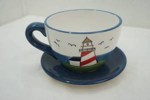 lot 2 image: Large Coffee Mug Planter Lighthouse Theme