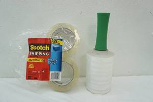 lot 212 image: 2 rolls of Scotch Packing Tape & roller with plastic wrap