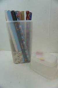 lot 268 image: Wrapping Paper & Rubbermaid tote for wrapping paper