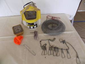 lot 2 image: Fishing Items Pan Fish Basket Stringers Frabill Flow Troll, Bucket Marine First Aid Kit