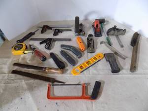 lot 128 image: Lot Of Miscellaneous Hand Tools Planers, Tape, File, Level, Hacksaw, Box Cutter, Square, Wire Brush, Screwdriver Set (In Garage)