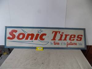 "Sonic Tire Sign" -The Tire Of The Future / Metal Sign, No Rust or Bullet Holes 16" By 59"