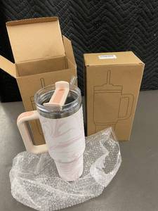 lot 28 image: 2 X 40 oz Tumblers with Handle, Straw, and Lid - Pink Marble Design