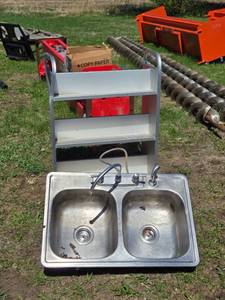 lot 55 image: Used Double Basin Stainless Steel Sink with Aluminum Shelving Unit