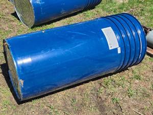 lot 56 image: Lot of 5 Empty Blue Barrels - 37 Tall, Base is 20 14 - Contained Organic Coconut Cream