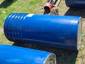lot 59 image: Lot of 6 Empty Blue Barrels - 37 Tall, Base is 20 14 - Contained Organic Coconut Cream