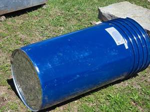 lot 60 image: Lot of 5 Empty Blue Barrels - 37 Tall, Base is 20 14 - Contained Organic Coconut Cream