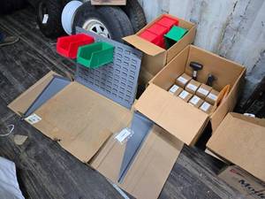 lot 125 image: BRAND NEW Collection of Wheel Weights, Tire Changing Tools, and Storage Bins