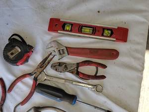 lot 130 image: Mixed Set of Hand Tools with Tool Bag - Pliers, Tape Measure, Level, Hammer, Screwdrivers and More