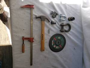 lot 143 image: Mixed Lot of Hand Tools and Hardware Items - Hammer, Clevis, Clamp and More