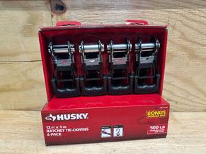 lot 103 image: Husky 12 ft. x 1 in. Ratchet Tie-Down Straps with S-Hook (4-Pack) 15