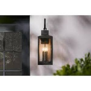 lot 39 image: Home Decorators Collection Havenridge 27.8 in. 3-Light Matte Black Hardwired Outdoor Wall Light Lantern Sconce with Seeded Glass (1-Pack)   Customer Returns See Pictures