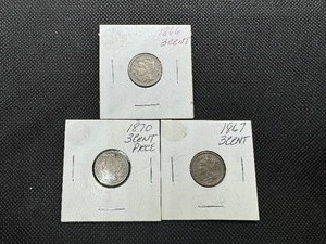 lot 76 image: Three 3 Cent Nickels 1866, 1867, and 1870  Nice Quality Coins