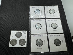 lot 85 image: Nine 1943 Steel Cents  6 Very High Grade 1943-Ps and a 3-coin 1943 PDS set.