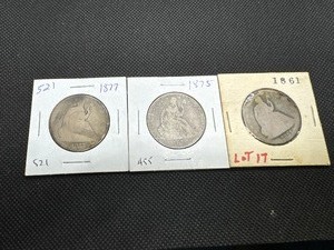 lot 87 image: Three Seated Liberty Half Dollars 1861 1875, and 1877