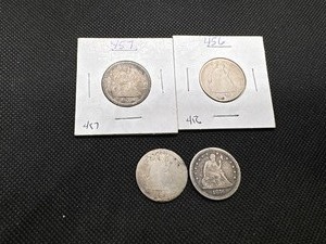 lot 88 image: Four Seated Liberty Quarters 1854, 1876, (2) 1876s, and 1877