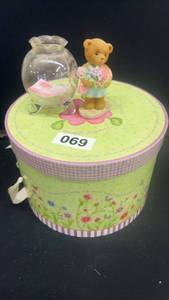 lot 69 image: Decorative Bear Figurine with Glass Vase and Floral Gift Box