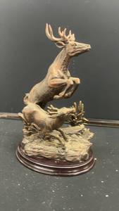 lot 87 image: Bronze Deer Sculpture with Two Leaping Stags on Wooden Base