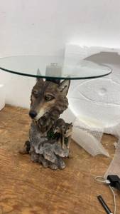 lot 90 image: Wolf-Themed Glass Top Side Table with Sculptured Base