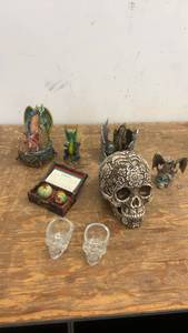 lot 102 image: Collection of Dragon and Skull Themed Figurines and Decor