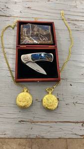 lot 129 image: Limited Edition Wolf Design Pocket Knife and Dual Gold Coin Pocket Watches Set