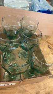 lot 137 image: Set of 7 Vintage Green Glass Goblets with Textured Design