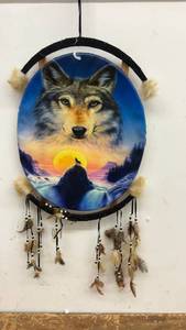 lot 148 image: Decorative Wolf Dreamcatcher with Feather Accents