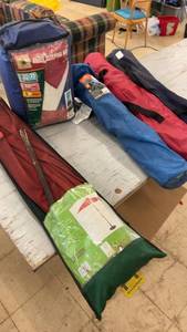 lot 164 image: Lot of 3 Outdoor Sleeping Bags and a Red Patio Umbrella in a Carry Bag