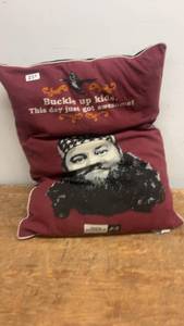 lot 231 image: Decorative Throw Pillow - Buckle Up Kids Design with Bearded Man Graphic
