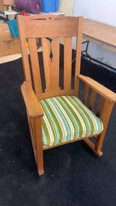 lot 236 image: Vintage Wooden Rocking Chair with Striped Cushion