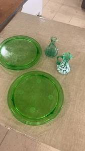 lot 286 image: Set of 2 Vintage Green Glass Plates and Decorative Pitcher Set