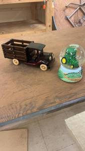 lot 292 image: Set of 2 Collectibles Wooden Toy Truck and John Deere Snow Globe
