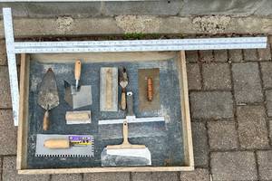 lot 48 image: Assorted Trowels, T-Square and Mixing Tray
