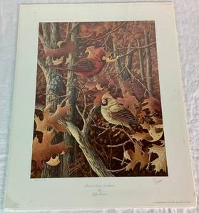 lot 40 image: Autumn Duet - Cardinals Art Print by Jeff Renner