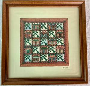 lot 45 image: Schoolhouse With Pines Framed Folk Quilt Art Print by Bev Lohr