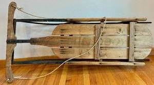 lot 21 image: Vintage Speed Boy Wooden Sled with Metal Runners 40 x 22