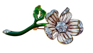 lot 26G image: Vintage Nolan Miller Gold Enamel Rhinestone Floral Brooch  Vintage Nolan Miller Floral Design Runway Brooch